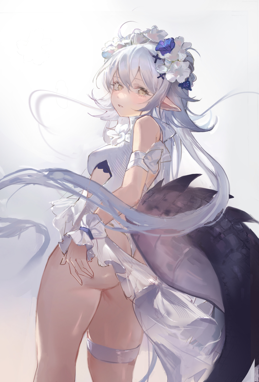 1girl, absurdres, arknights, armband, ass, cowboy_shot, crocodilian_tail, flower