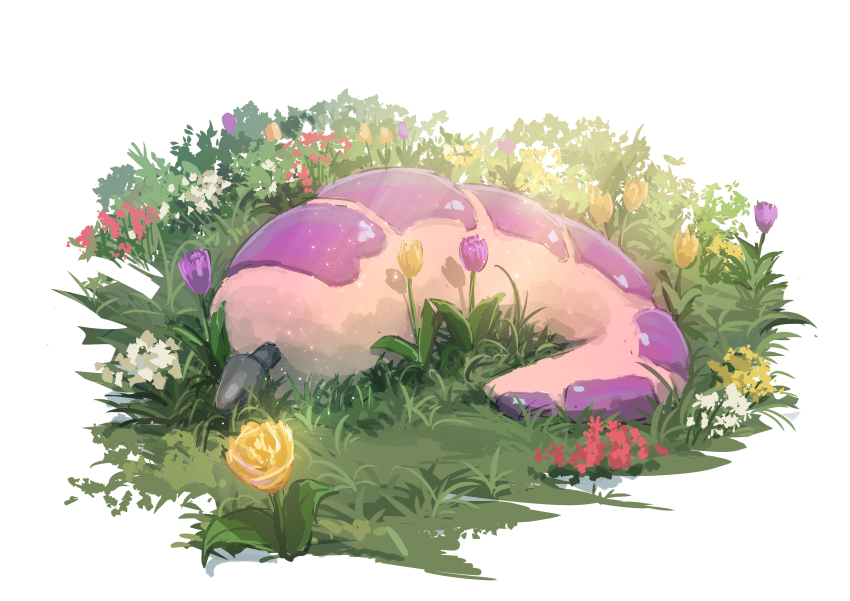 absurdres, anal_tail, asacoco, butt_plug, fake_tail, flower, grass, highres, hololive, kiryu_coco, no_humans, purple_flower, solo, still_life, sunlight, tail, und2, virtual_youtuber, yellow_flower