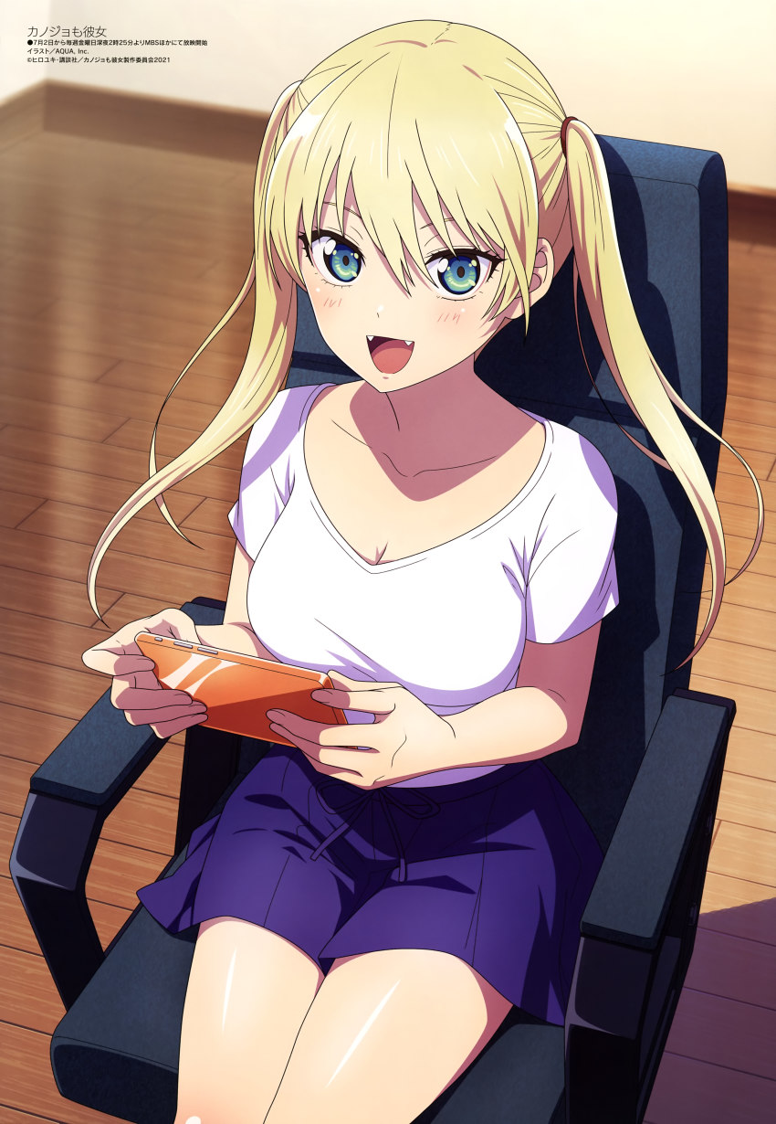 1girl, :d, absurdres, aquastar_inc., blonde_hair, blue_shorts, breasts, cellphone