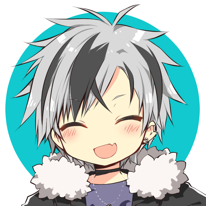 1boy, :d, ^_^, black_choker, black_hair, black_jacket, blue_background, blush