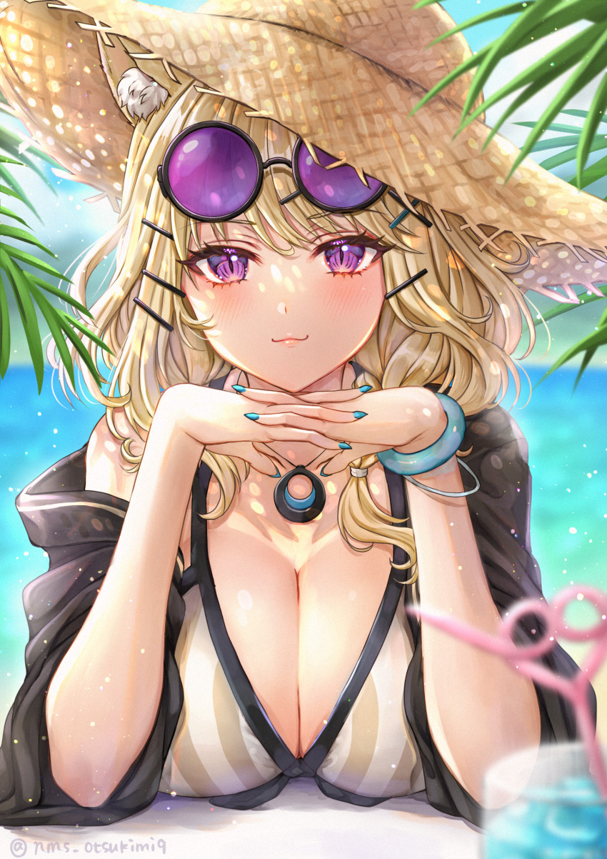 1girl, :3, animal_ear_fluff, aqua_nails, arknights, bare_shoulders, bikini, blonde_hair, blue_sky, breasts, cleavage, cloud, commentary_request, day, drinking_straw, eyewear_on_head, hat, head_rest, highres, interlocked_fingers, jewelry, large_breasts, long_hair, long_sleeves, looking_at_viewer, nail_polish, necklace, nyamaso, off_shoulder, official_alternate_costume, outdoors, purple_eyes, sky, slit_pupils, smile, solo, striped_bikini, striped_clothes, sun_hat, sunglasses, swimsuit, swimsuit_cover-up, twitter_username, upper_body, utage_(arknights), utage_(summer_flowers)_(arknights), vertical-striped_bikini, vertical-striped_clothes, white_bikini