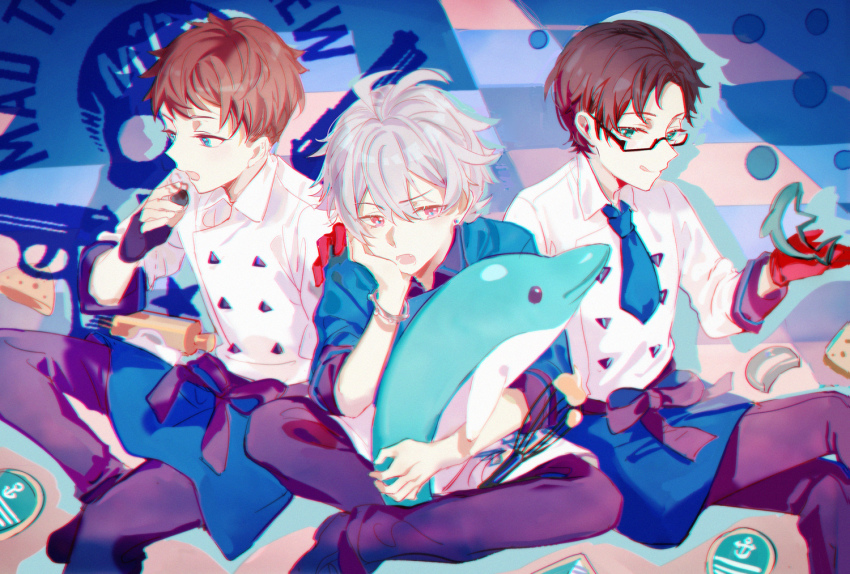 3boys, :q, ahoge, anchor_symbol, annoyed, aohitsugi_samatoki, apron, black_pants