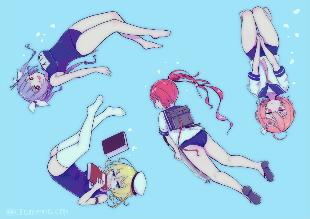 4girls, barefoot, blonde_hair, blue_background, blue_eyes, blue_one-piece_swimsuit, blue_sailor_collar, book