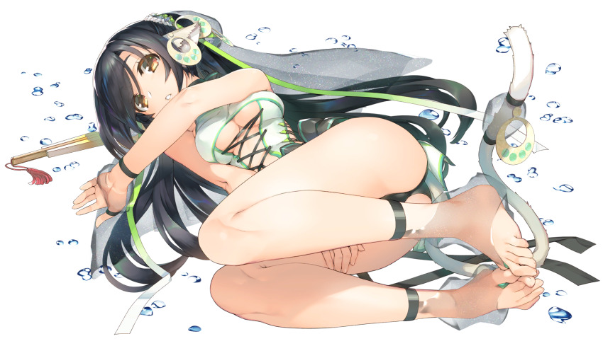 1girl, amazuyu_tatsuki, animal_ears, aquaplus, ass, ass_focus, between_toes, black_hair, breasts, brown_eyes, cat_tail, cleavage, cleavage_cutout, clothing_cutout, crotch, eyelashes, feet, feet_together, full_body, fur, grabbing_own_thigh, hair_between_eyes, hair_over_one_eye, hand_on_thigh, highres, jewelry, knees_up, kuon_(utawarerumono), kuon_waves-enticing_fan, long_hair, looking_at_viewer, lying, medium_breasts, midriff, midriff_peek, official_art, on_side, open_mouth, raised_eyebrows, sidelocks, solo, swept_bangs, swimsuit, tail, tail_ornament, thighs, toes, transparent_background, underboob, utawarerumono, utawarerumono:_itsuwari_no_kamen, utawarerumono:_lost_flag, veil, very_long_hair, water, water_drop, weapon, white_tail
