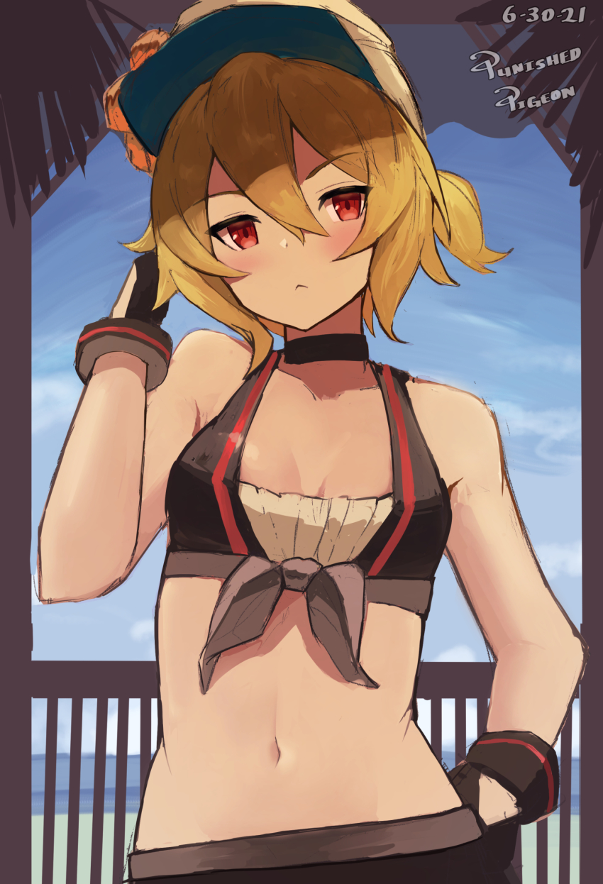 1girl, alex_(dragalia_lost), bare_arms, bare_shoulders, bikini, black_bikini, black_choker, black_gloves, blonde_hair, breasts, choker, closed_mouth, day, dragalia_lost, expressionless, front-tie_bikini_top, front-tie_top, gloves, hair_between_eyes, hand_on_own_hip, hand_up, hat, highres, looking_at_viewer, midriff, navel, outdoors, peaked_cap, ponytail, punished_pigeon, red_eyes, short_hair, short_ponytail, small_breasts, solo, stomach, swimsuit, upper_body