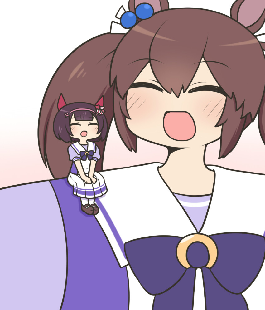 2girls, :d, animal_ears, blunt_bangs, blush, bow, bowtie, brown_hair