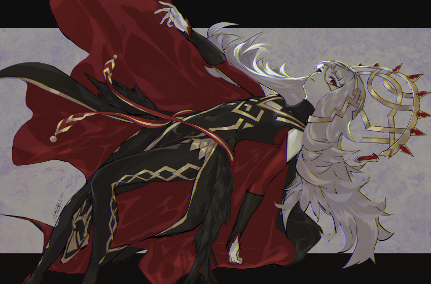 1girl, black_bodysuit, bodysuit, cape, cloak, clothing_cutout, crown, fire_emblem, fire_emblem_heroes, full_body, gold_trim, hair_ornament, headpiece, highres, hime_cut, long_hair, looking_at_viewer, messy_hair, nintendo, red_cape, red_cloak, red_eyes, senobi_(senoby), signature, solo, veronica_(fire_emblem), white_hair