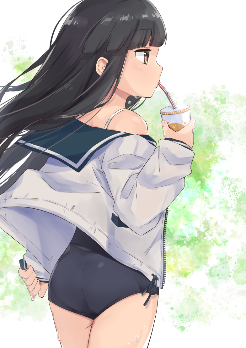 1girl, aoshima_sakana, black_hair, blunt_bangs, blush, brown_eyes, commentary_request, cowboy_shot