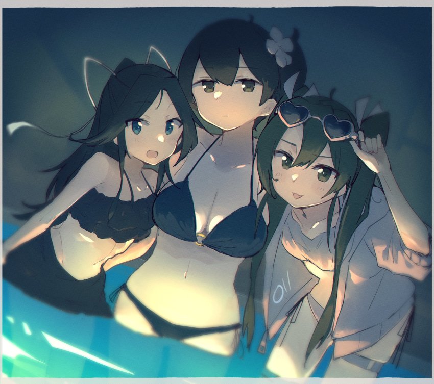 3girls, bikini, black_bikini, black_hair, blue_eyes, blush, breasts, brown_eyes