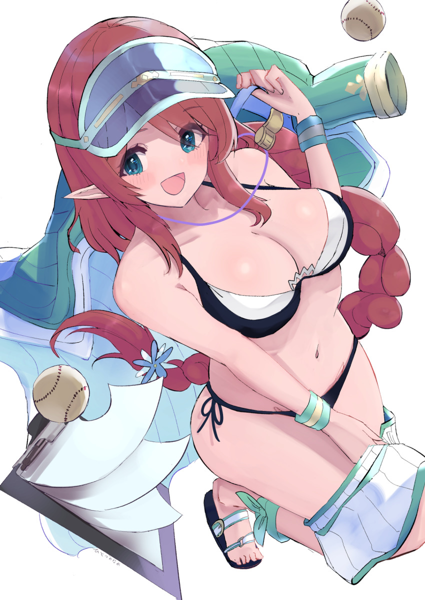 1girl, baseball, baseball_cap, bikini, black_bikini, blue_eyes, blue_hat, braid