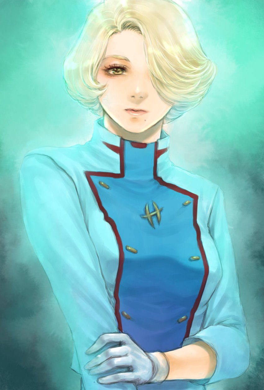 1girl, blonde_hair, gloves, green_eyes, gundam, gundam:_hathaway's_flash, hair_over_one_eye, highres