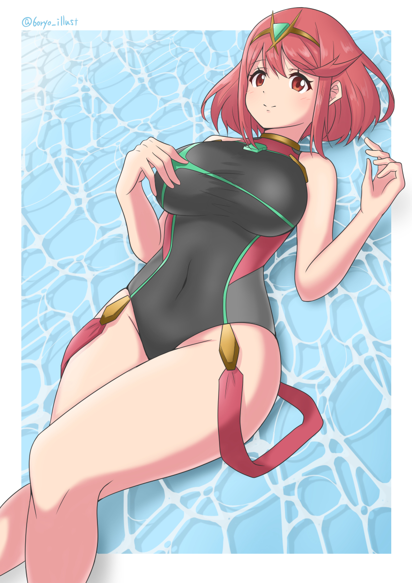 1girl, absurdres, black_one-piece_swimsuit, breasts, chest_jewel, competition_swimsuit, covered_collarbone, headpiece