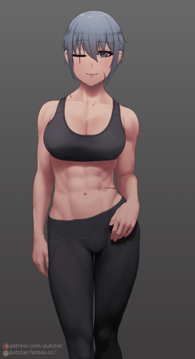 1girl, abs, bad_id, bad_pixiv_id, bare_shoulders, biceps, black_pants, black_sports_bra, blush, breasts, cleavage, closed_mouth, collarbone, commentary_request, contrapposto, cowboy_shot, fanbox_username, grey_background, grey_eyes, grey_hair, groin, hair_between_eyes, highres, ima_made_ichido_mo_onna_atsukaisareta_koto_ga_nai_jokishi_wo_onna_atsukai_suru, leo_cornelia, looking_at_viewer, medium_breasts, midriff, muscular, muscular_female, navel, one-eyed, pants, partial_commentary, patreon_username, putcher, scar, scar_across_eye, scar_on_arm, scar_on_face, scar_on_neck, scar_on_stomach, short_hair, sidelocks, simple_background, smile, solo, sports_bra, standing, tight_clothes, tight_pants, watermark, web_address
