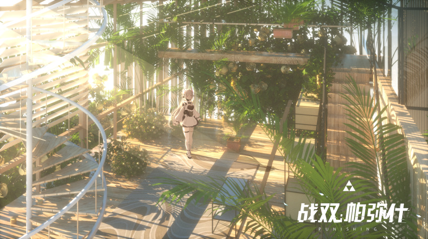 1girl, apron, arms_at_sides, black_dress, breasts, chinese_commentary, commentary_request, dappled_sunlight