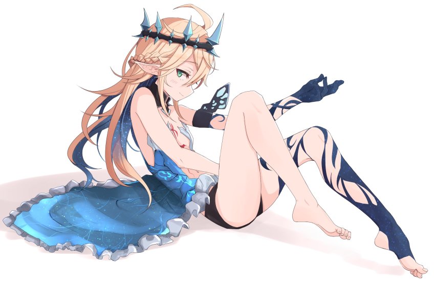 1girl, blonde_hair, body_markings, braid, breasts, butterfly_wings, chest_tattoo, colored_inner_hair, commission, elf, feet, green_eyes, headpiece, highres, insect_wings, kahlua_(artist), long_hair, multicolored_hair, original, pointy_ears, simple_background, solo, stomach_tattoo, tattoo, two-tone_hair, very_long_hair, vivi_(ac8231), white_background, wings