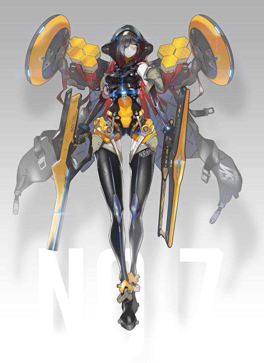 1girl, absurdres, android, barcode, black_hair, cable, colored_skin, cracked_skin