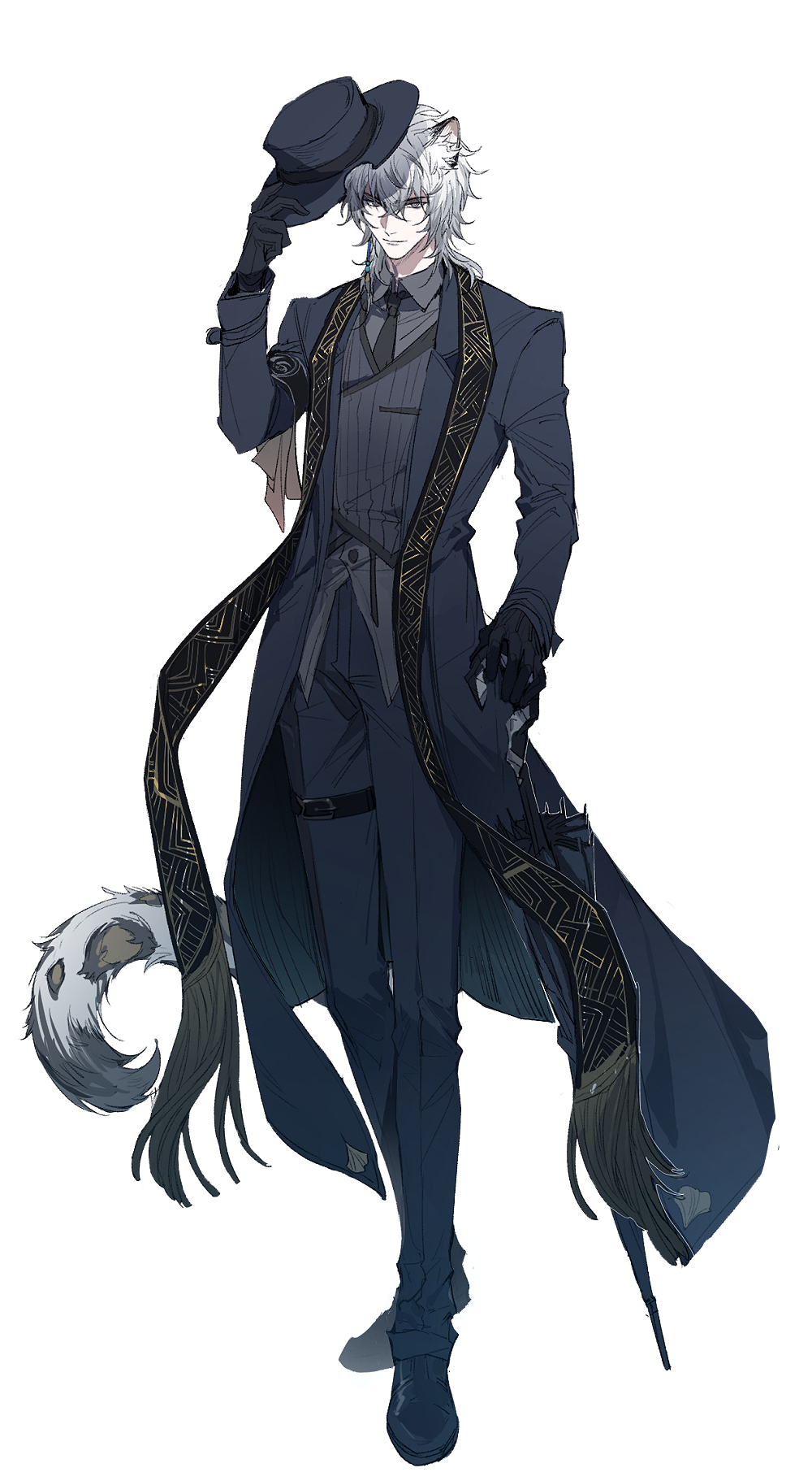 1boy, animal_ears, arknights, black_gloves, black_hair, blue_hat, blue_jacket, blue_pants, breasts, cat_ears, chinese_commentary, commentary_request, formal_clothes, full_body, gloves, grey_eyes, grey_vest, hair_between_eyes, hat, highres, holding, holding_umbrella, holding_unworn_clothes, holding_unworn_hat, jacket, long_sleeves, male_focus, medium_breasts, necktie, official_alternate_costume, pants, shoes, silverash_(arknights), silverash_(york's_bise)_(arknights), simple_background, snow_leopard_ears, snow_leopard_tail, solo, suit, tachi-e, tail, thigh_strap, umbrella, unworn_hat, unworn_headwear, vest, white_background, xiandao1213