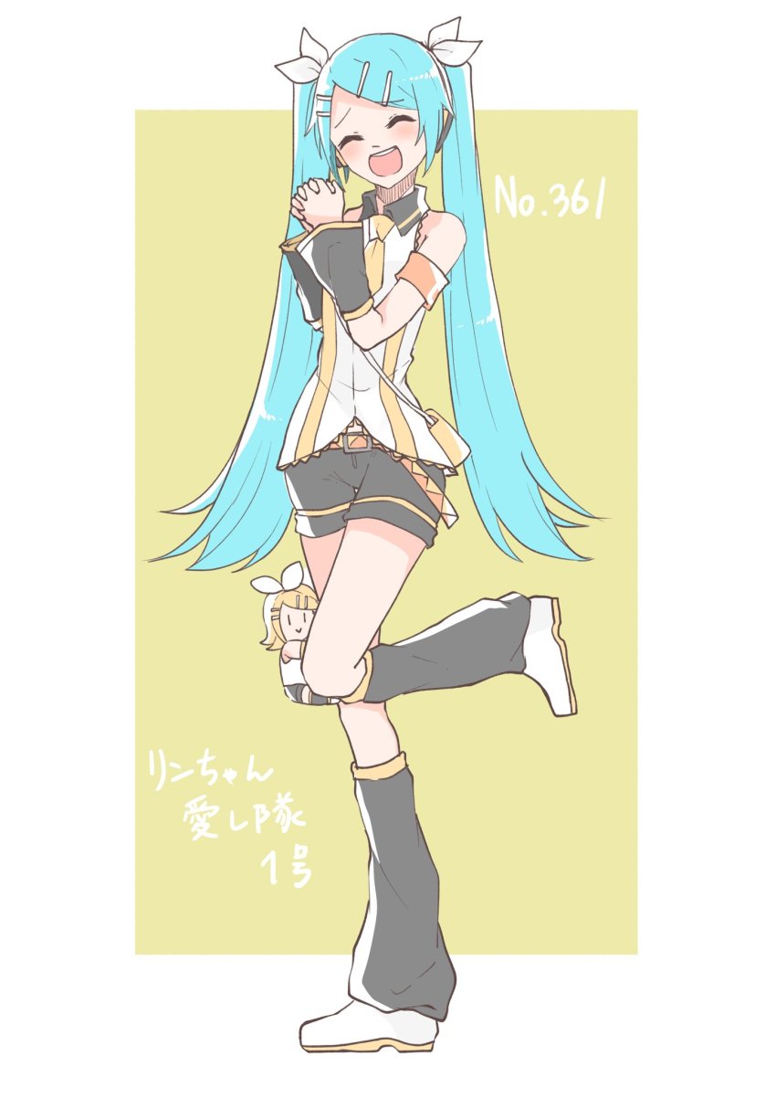 1girl, aqua_hair, armband, bare_shoulders, belt, black_shorts, blonde_hair, border