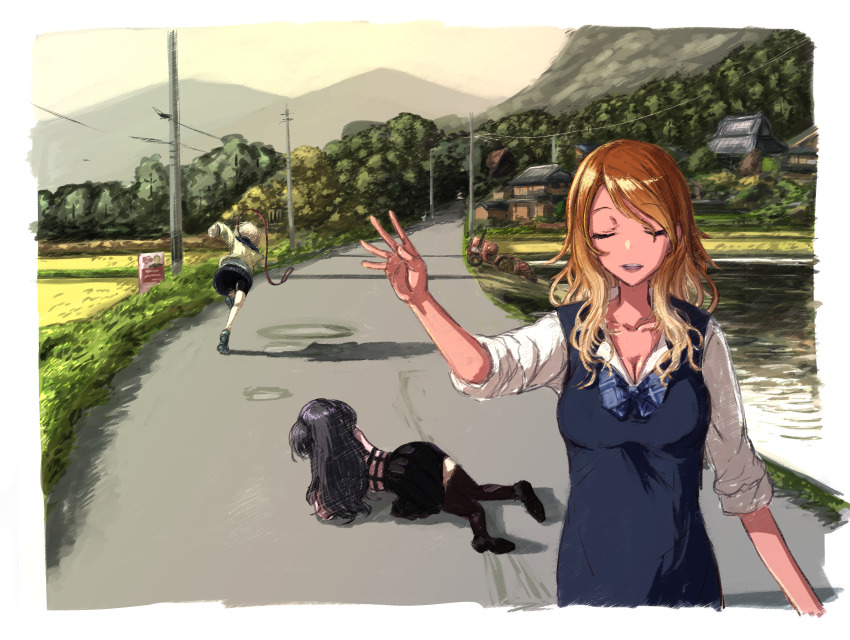 3girls, absurdres, bike_shorts, black_hair, blonde_hair, blouse, bow, bowtie