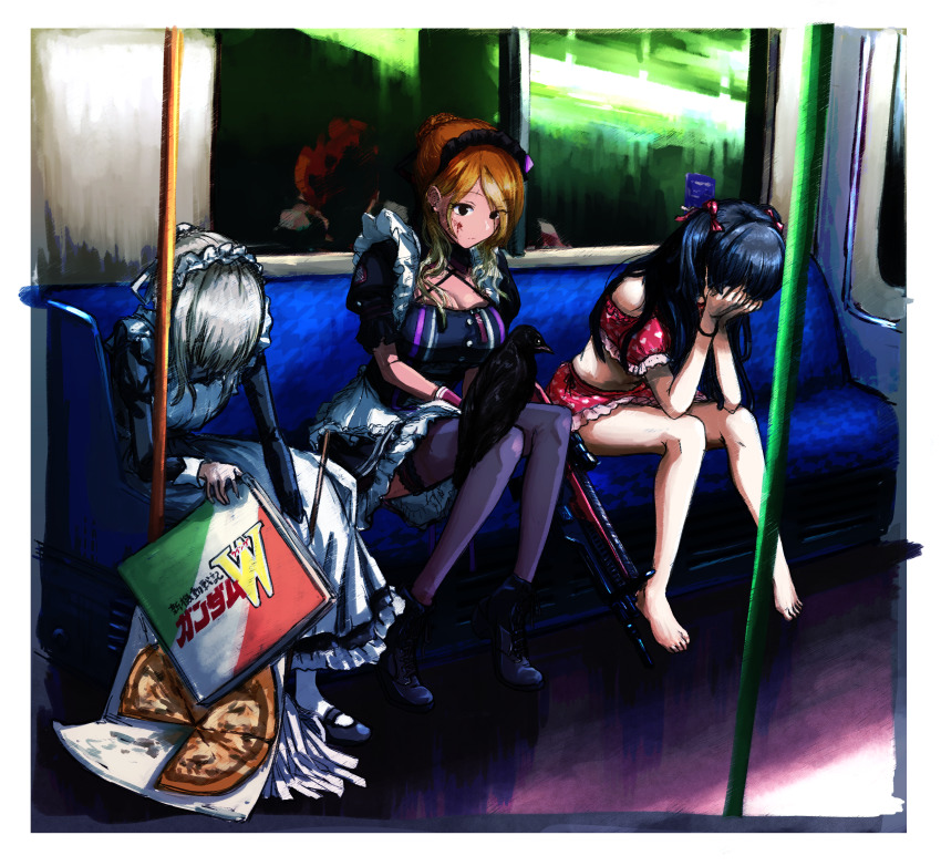 3girls, absurdres, animal, apron, assault_rifle, barefoot, bikini, bird