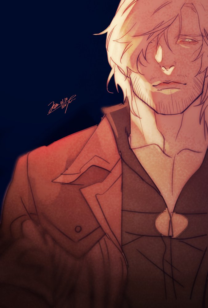 1boy, alternate_eye_color, artist_name, blue_background, blurry, coat, collarbone, dante_(devil_may_cry)