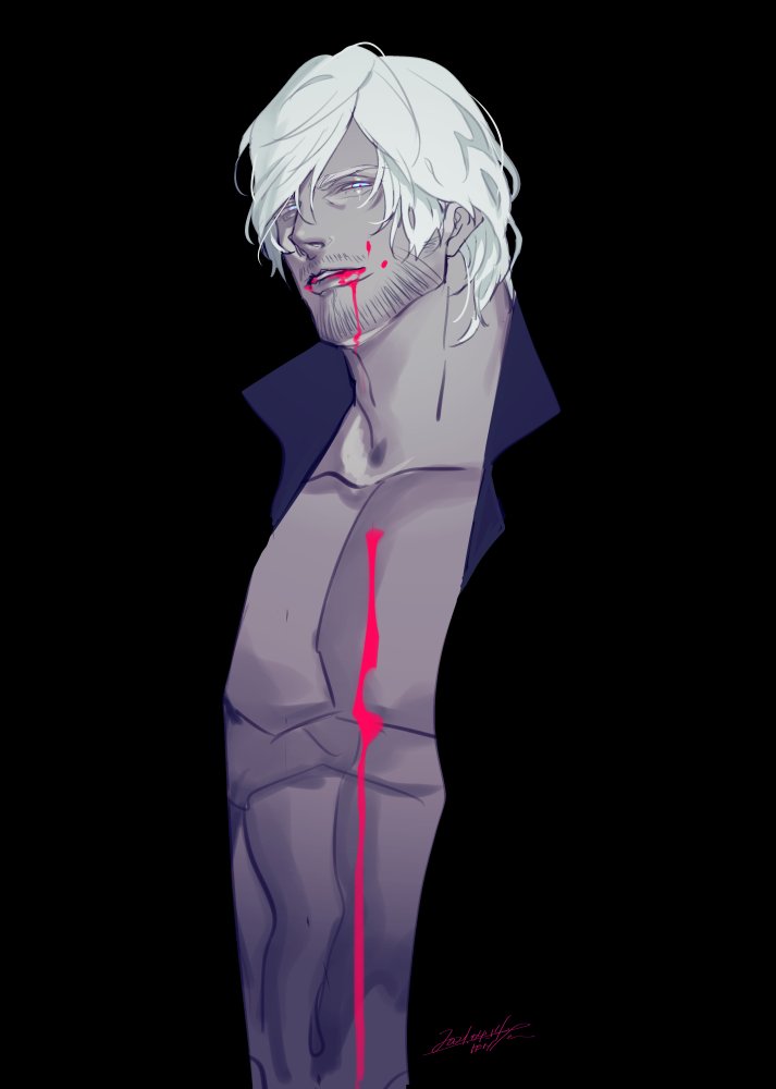 1boy, artist_name, black_background, blending, blood, blood_from_mouth, blood_on_chest, blood_on_face