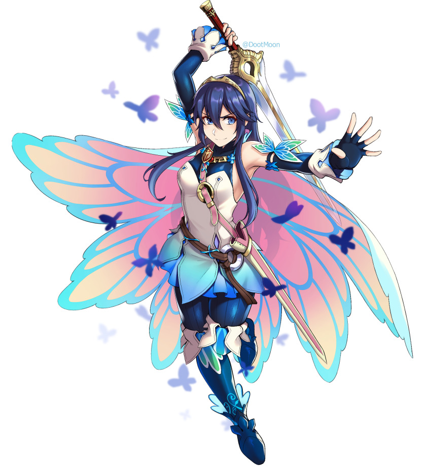 1girl, belt, blue_eyes, blue_hair, boots, bug, butterfly, cape