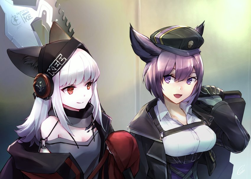 2girls, :d, animal_ears, arknights, bare_shoulders, beret, black_headwear, black_jacket