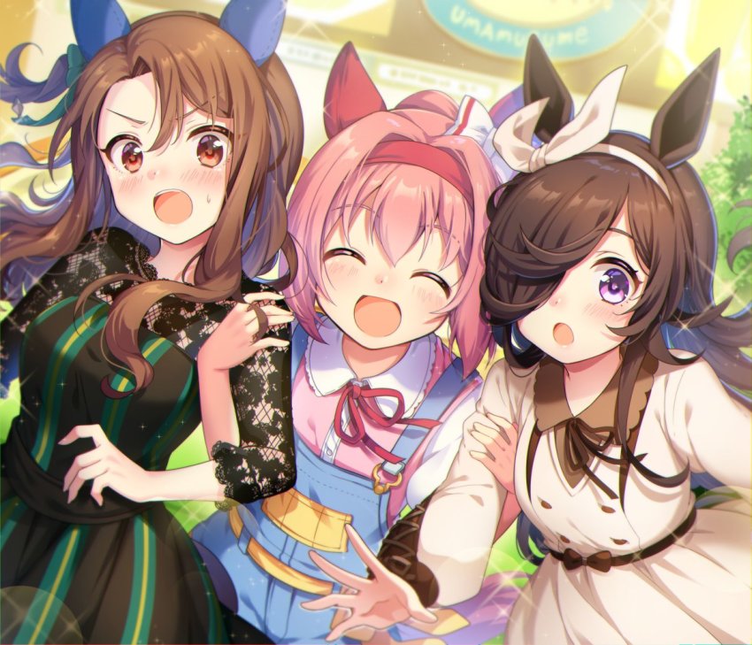 3girls, :d, :o, animal_ears, blouse, blue_overalls, blush, bow_hairband, brown_eyes, brown_hair, closed_eyes, collared_shirt, commentary_request, dress, eyelashes, girl_sandwich, hair_between_eyes, hair_over_one_eye, hairband, haru_urara_(casual)_(umamusume), haru_urara_(umamusume), horse_ears, horse_girl, king_halo_(casual)_(umamusume), king_halo_(umamusume), locked_arms, long_hair, long_sleeves, looking_at_viewer, multiple_girls, open_mouth, overalls, pink_hair, pink_shirt, purple_eyes, rice_shower_(casual)_(umamusume), rice_shower_(umamusume), sandwiched, shirt, smile, sparkle, spread_fingers, striped_clothes, striped_dress, sweatdrop, takase_kou, teeth, tongue, umamusume, upper_teeth_only, vertical-striped_clothes, vertical-striped_dress, |d