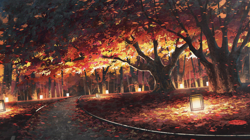 autumn, autumn_leaves, commentary_request, falling_leaves, glowing, highres, lantern, leaf