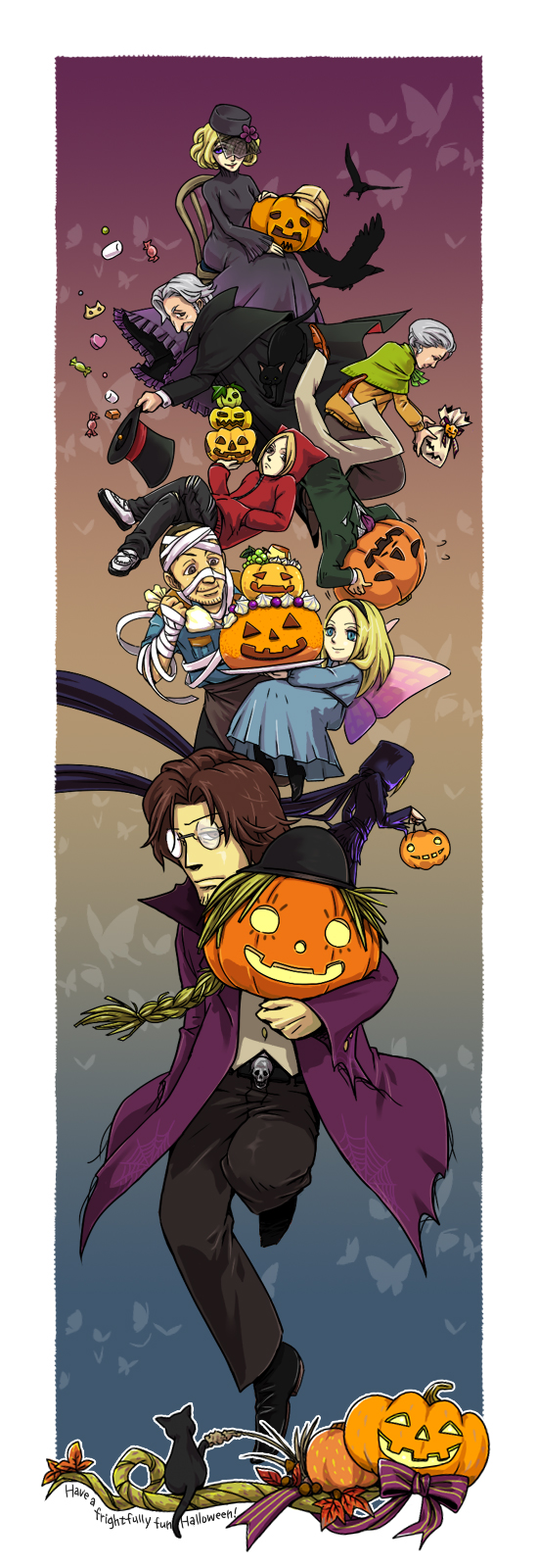 asato_(artist), bag, bandages, bird, blonde_hair, blue_eyes, braid, brown_hair, candy, cape, cat, cecilia_(folkssoul), chair, coat, dr.lester, folkssoul, food, glasses, grey_hair, hairband, halloween, harriet, hat, highres, hood, ingrid_(folkssoul), jacket, keats, long_hair, mrs.lester, pants, pumpkin, purple_eyes, robe, shawl, short_hair, suzette, trench_coat