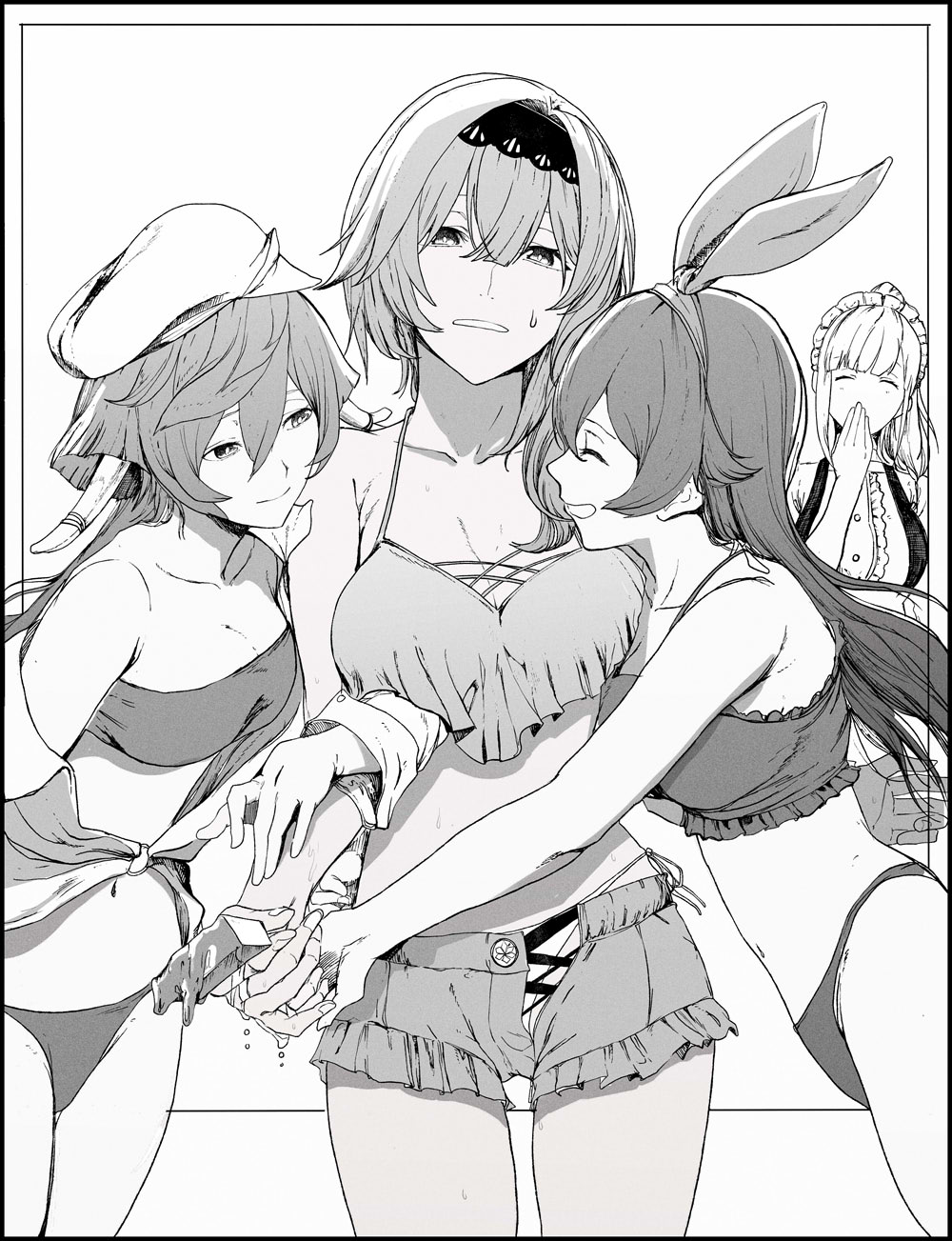 4girls, amber_(genshin_impact), antlers, bow, breasts, character_request, cleavage, closed_eyes