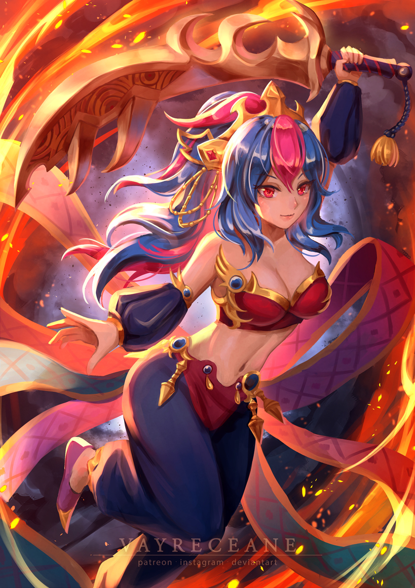 arabian_clothes, arm_up, blue_hair, braid, brave_frontier, crown_braid, dark-skinned_female, dark_skin