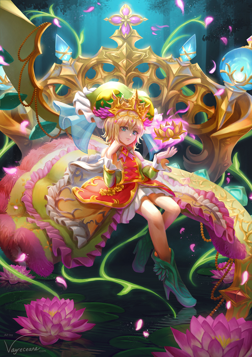 blonde_hair, blue_eyes, boots, brave_frontier, crown, dress, flower, hat, high_heel_boots, high_heels, crossed_legs, long_dress, lotus, lotus_pedestal, luly, nature, plant, short_hair, vayreceane, veil