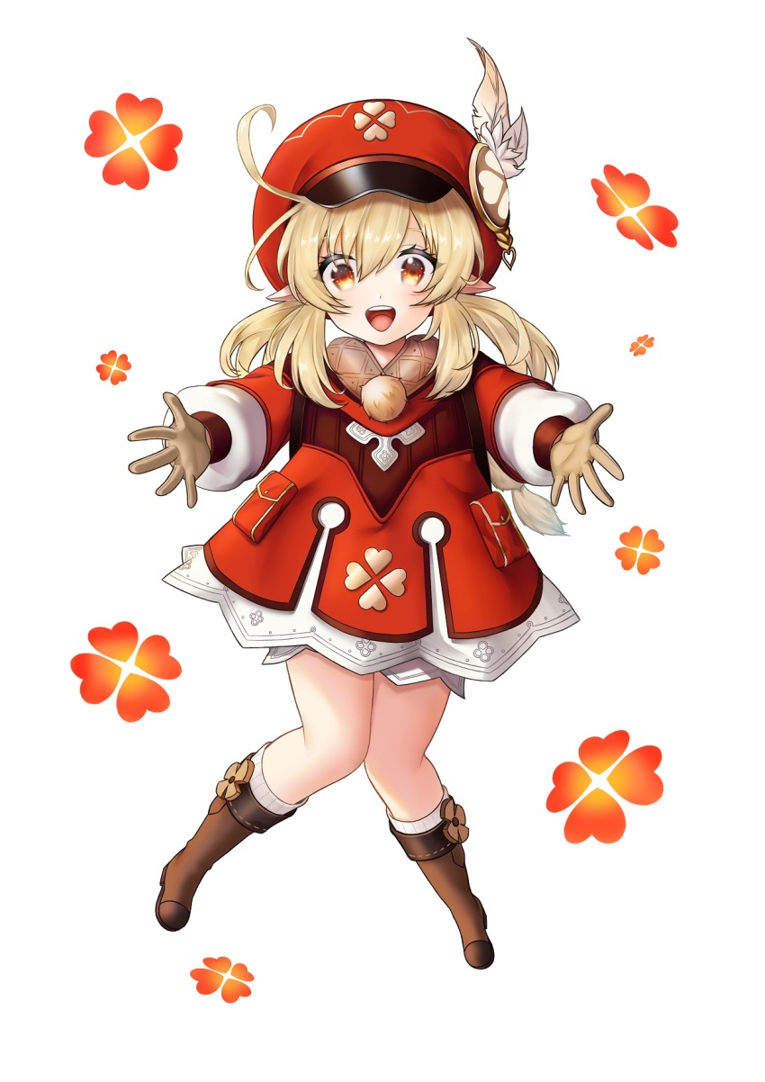 1girl, :d, ahoge, backpack, bag, bag_charm, boots, brown_boots