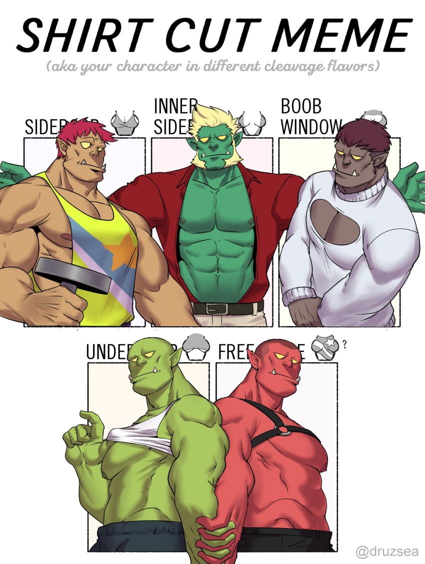 6+boys, abs, bald, bara, bare_pectorals, blonde_hair, buzz_cut, chest_harness, cleavage_cutout, clothes_lift, clothing_cutout, colored_skin, couple, dark_skin, dumbbell, english_text, exercising, fangs, green_skin, guppo13, harness, highres, holding_hands, horns, interlocked_fingers, jacket, large_pectorals, lifting_own_clothes, long_sideburns, male_focus, mature_male, monster_boy, multiple_boys, muscular, muscular_male, navel, nipples, no_pupils, open_clothes, open_jacket, orc, original, pectoral_cleavage, pectorals, pink_hair, pointy_ears, red_jacket, red_skin, shirt_lift, short_hair, sideburns, stomach, sweater, tank_top, topless_male, very_short_hair, weightlifting, white_sweater, white_tank_top, yaoi, yellow_skin, yellow_tank_top