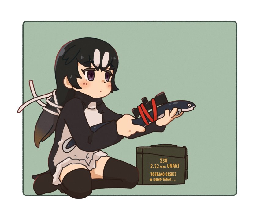 1girl, ammunition_box, bird_girl, bird_tail, black_hair, black_sweater, black_thighhighs, blush