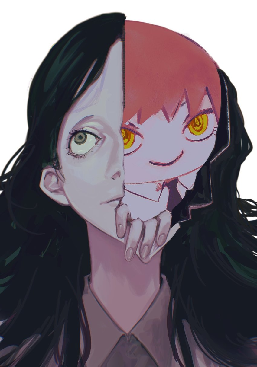 2girls, black_hair, chainsaw_man, character_doll, closed_mouth, collared_shirt, doll, eyelashes