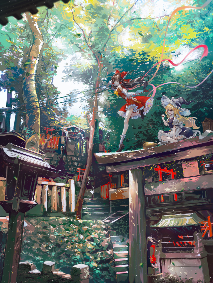 2girls, absurdres, apron, ascot, bad_id, bad_pixiv_id, black_dress, blonde_hair, bow, braid, broom, brown_eyes, brown_hair, buttons, clothes_lift, detached_sleeves, dress, floating_hair, forest, frilled_bow, frilled_dress, frilled_hat, frills, gohei, hair_bow, hair_tubes, hakurei_reimu, hat, hat_bow, highres, huge_filesize, indian_style, keru233, kirisame_marisa, leg_up, light_particles, long_hair, mary_janes, medium_hair, midriff, multiple_girls, nature, nontraditional_miko, puffy_short_sleeves, puffy_sleeves, red_bow, red_shirt, red_skirt, ribbon, ribbon-trimmed_sleeves, ribbon_trim, shinto, shirt, shoes, short_sleeves, side_braid, sidelocks, sitting, skirt, skirt_lift, skirt_set, sleeveless, sleeveless_shirt, stairs, standing, standing_on_one_leg, standing_on_torii, stone_lantern, torii, touhou, tree, waist_apron, white_bow, wide_sleeves, witch_hat, yellow_ascot
