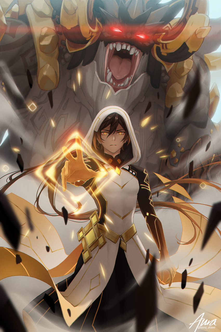 1boy, :|, alternate_costume, arm_tattoo, arm_up, aura_draws, baggy_pants, bare_shoulders