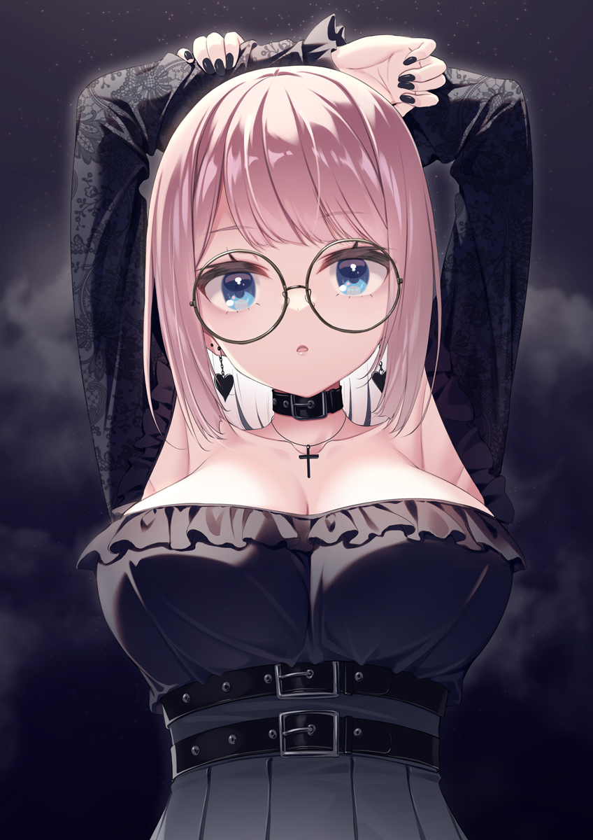 1girl, armpits, arms_behind_head, arms_up, black-framed_eyewear, black_collar, black_dress, black_nails, blue_eyes, breasts, cleavage, collar, collarbone, commentary_request, dress, earrings, frilled_dress, frills, glasses, heart, heart_earrings, highres, jewelry, kine-c, long_sleeves, looking_at_viewer, medium_breasts, nail_polish, off-shoulder_dress, off_shoulder, original, parted_lips, pink_hair, round_eyewear, sleeves_past_wrists, solo, upper_body