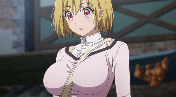 1girl, animated, animated_gif, bag, between_breasts, blonde_hair, blush, bouncing_breasts, breasts, jacket, jiggle, large_breasts, open_mouth, peach_boy_riverside, red_eyes, saltorynne_ardalake, screencap, shirt, short_hair, sidelocks, sleeveless, sleeveless_shirt, solo, unaligned_breasts, white_shirt