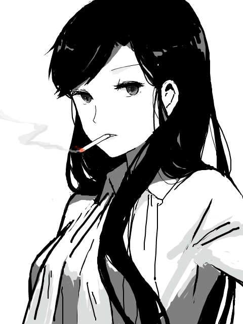 1girl, akota, amano_jako, bad_id, bad_pixiv_id, cigarette, female_focus, greyscale
