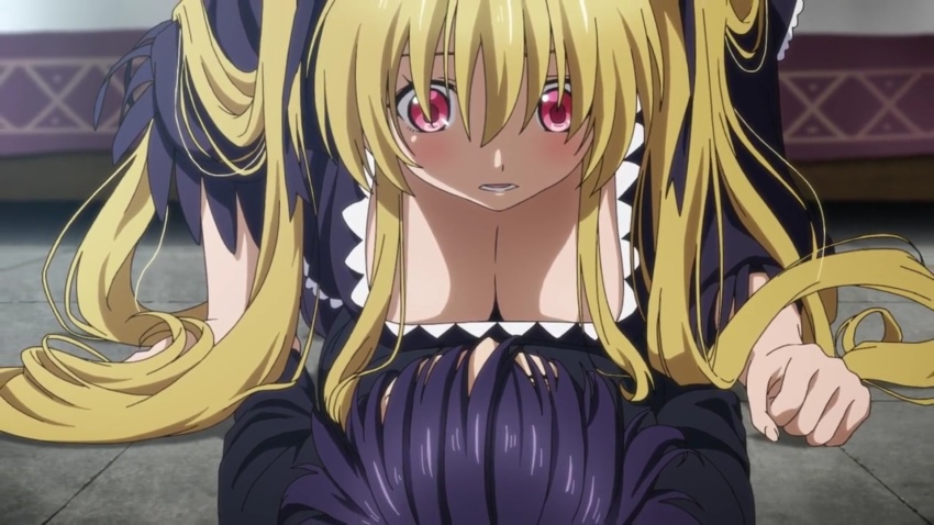 1boy, 1girl, black_dress, black_hair, black_shirt, blonde_hair, breasts, cleavage