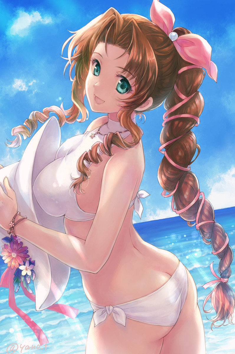 1girl, aerith_gainsborough, ass, beach, bikini, black_l, blue_sky, bow