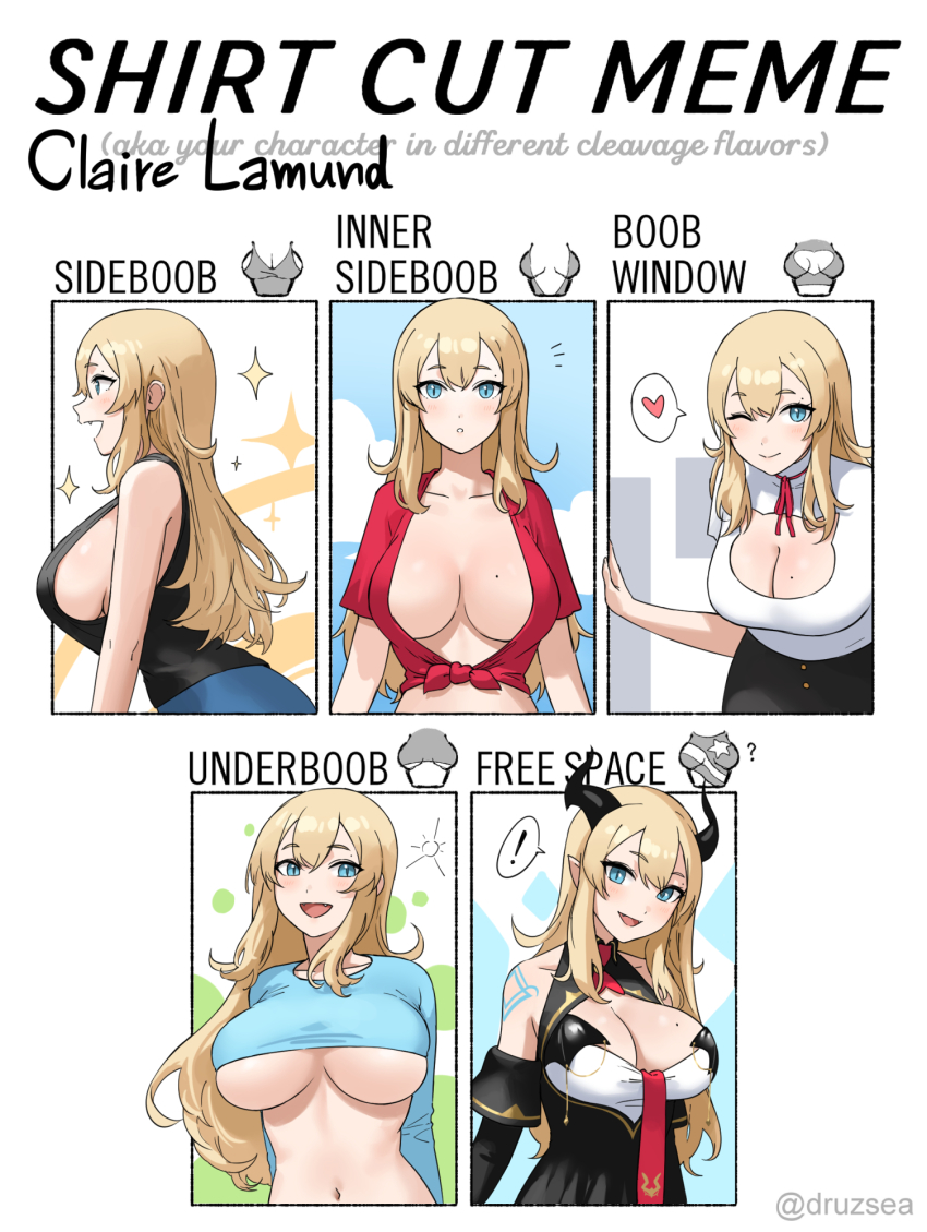 1girl, ;), arms_behind_back, black_horns, blue_eyes, blush, breasts, cat_cutout