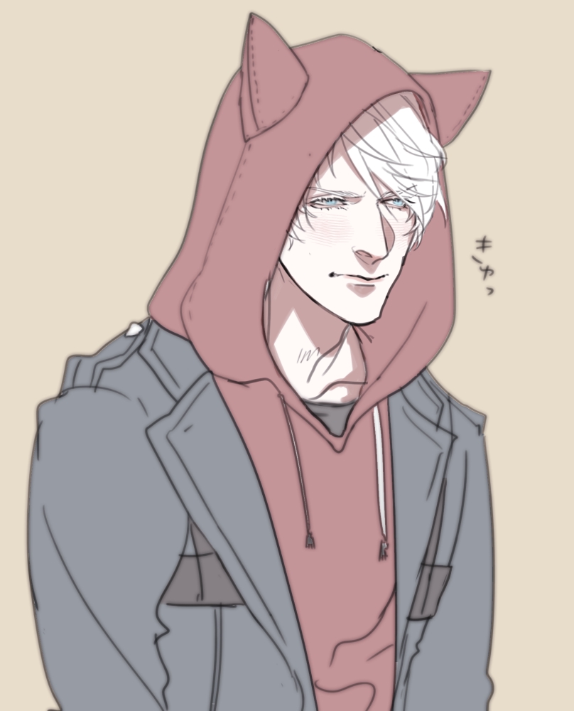 1boy, animal_hood, black_shirt, blue_eyes, blush, cat_hood, devil_may_cry, devil_may_cry_(series), devil_may_cry_4, dmc_pa, drawstring, hood, hood_up, hoodie, male_focus, nero_(devil_may_cry), shirt, short_hair, simple_background, solo, undershirt, upper_body, white_hair, yellow_background