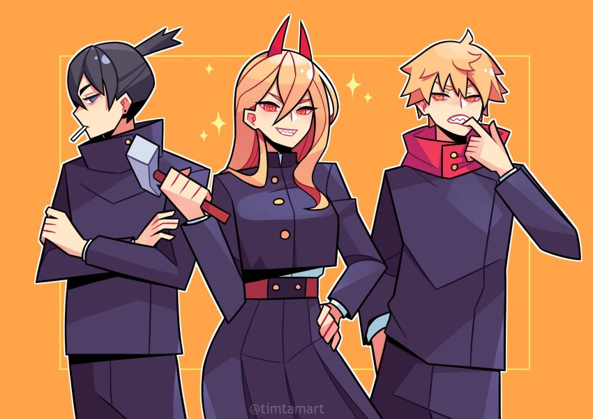 +_+, 1girl, 2boys, annoyed, artist_name, bags_under_eyes, belt, black_hair