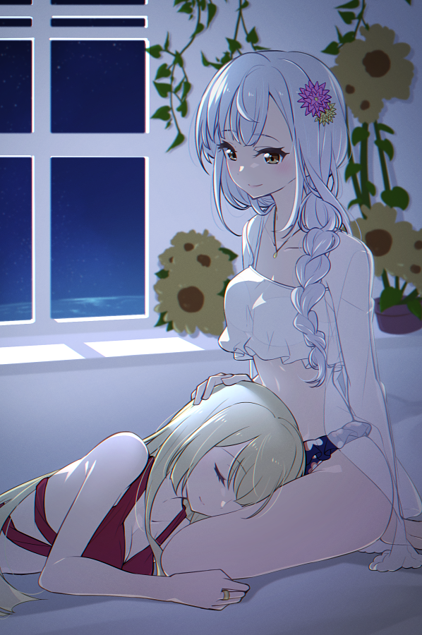 2girls, arm_behind_back, assault_lily, bare_arms, bare_shoulders, bikini, blonde_hair, blue_bikini