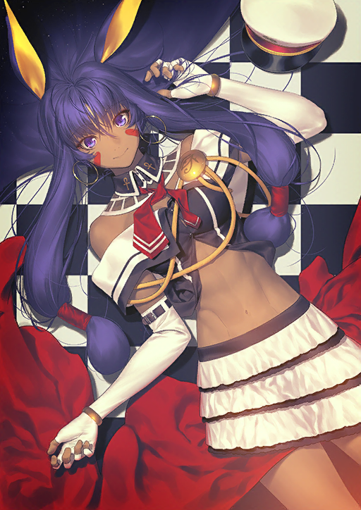 1girl, abs, animal_ears, bangle, bracelet, checkered_floor, closed_mouth, dark-skinned_female
